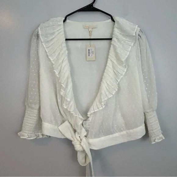 MWT Maje Plumeti Cropped White Wrap Ruffle V-neck Wrap Blouse Size 2 NEW - Picture 3 of 15